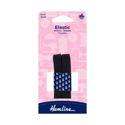 HEMLINE HANGSELL ELASTIC G/P BRAIDED 9MM X 2M BLAC